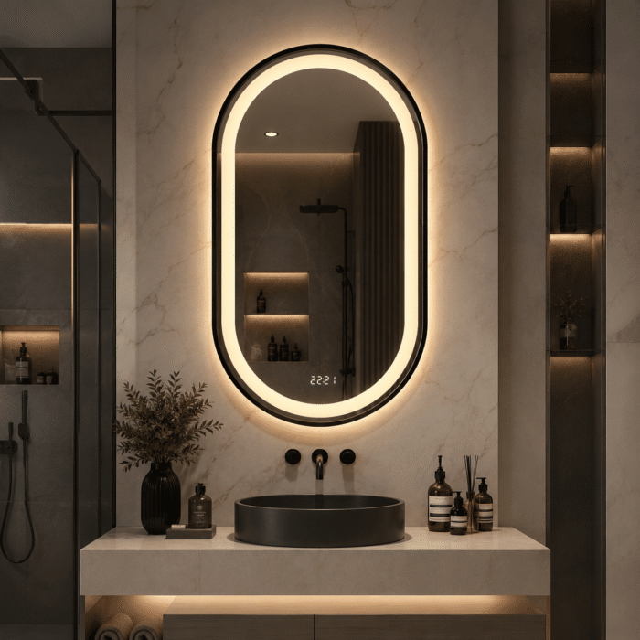 Oglinda LED 50x80 cm cu Rama Negru Periat, Forma Ovala, Senzor Miscare Premium - 3 Tipuri de Lumina, Dimabila, Ceas & Temperatura, Dezaburire - imagine 3