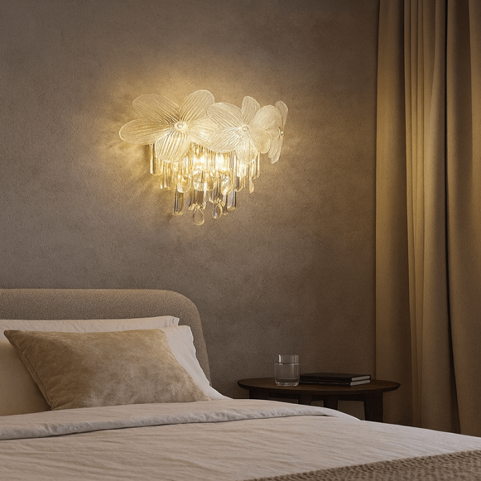 Aplica LED cu Cristale K9, Model Flori, 30W, Auriu, 3 Tipuri de Lumină, Fără Telecomandă, Interior, Elegantă