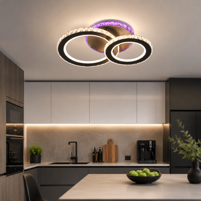 Lustra LED ZAFINA RGB, 106W, 2 Cercuri Cristal, Dimabila, 3 Tipuri de Lumina, Cu Telecomanda, Negru - imagine 2