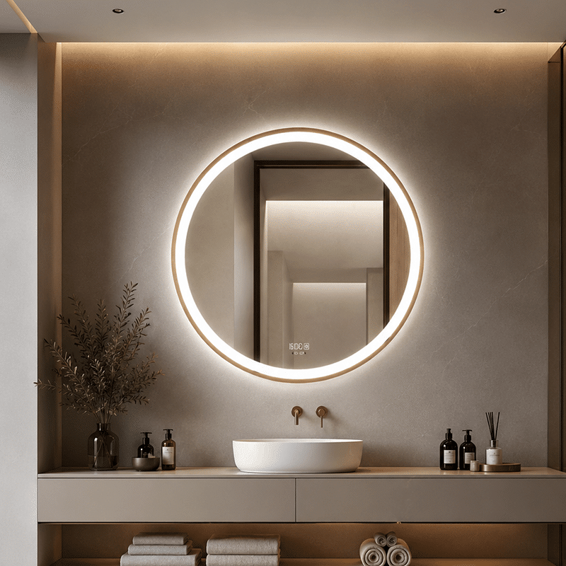 Oglinda LED 80x80 cm cu Rama Aurie, Senzor Miscare Premium - 3 Tipuri de Lumina, Dimabila, Ceas & Temperatura, Dezaburire Oglinda LED 80x80 cm cu Rama Aurie, Senzor Miscare Premium - 3 Tipuri de Lumina, Dimabila, Ceas & Temperatura, Dezaburire - imagine 1