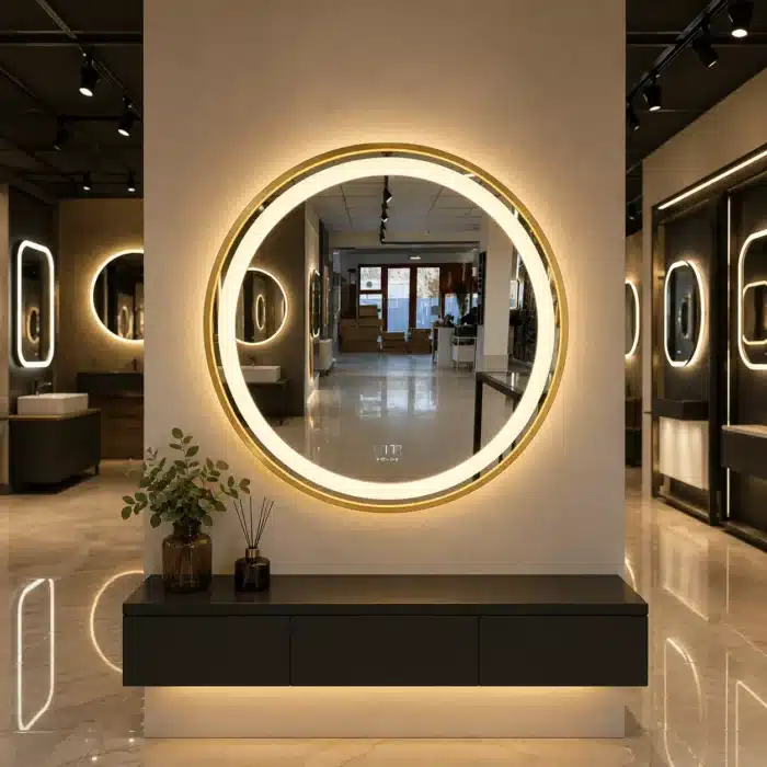 Oglinda LED 70x70 cm cu Rama Aurie, Senzor Miscare Premium - 3 Tipuri de Lumina, Dimabila, Ceas & Temperatura, Dezaburire - imagine 6