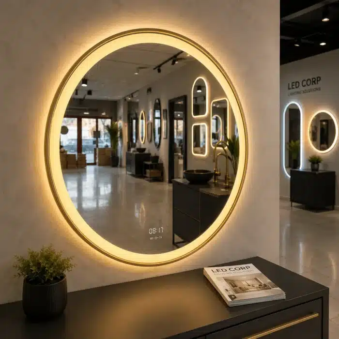 Oglinda LED 70x70 cm cu Rama Aurie, Senzor Miscare Premium - 3 Tipuri de Lumina, Dimabila, Ceas & Temperatura, Dezaburire - imagine 3