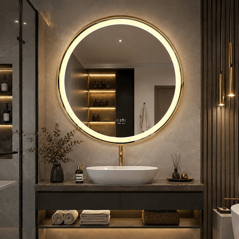 Oglinda LED 70x70 cm cu Rama Aurie, Senzor Miscare Premium - 3 Tipuri de Lumina, Dimabila, Ceas & Temperatura, Dezaburire Oglinda LED 70x70 cm cu Rama Aurie, Senzor Miscare Premium - 3 Tipuri de Lumina, Dimabila, Ceas & Temperatura, Dezaburire - imagine 1