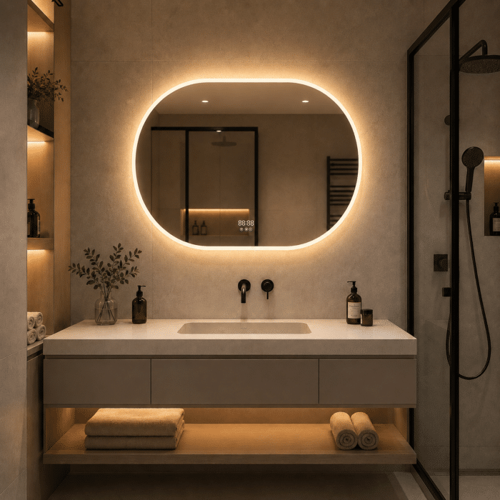 Oglinda LED 80x60 cm , Senzor Miscare Premium - 3 Tipuri de Lumina, Dimabila, Ceas & Temperatura, Dezaburire - imagine 2