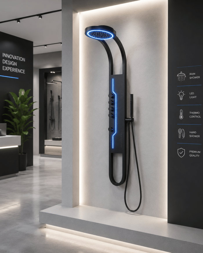 Panel de Dus Shark cu Efect de Ploaie si Jeturi cu Masaj, Design Unic, LED Incorporat, Negru - imagine 5