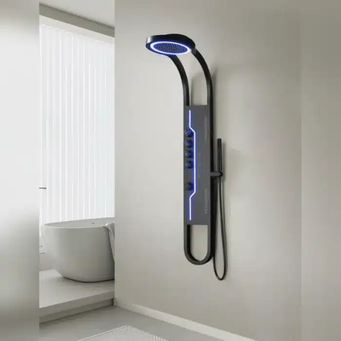 Panel de Dus Shark cu Efect de Ploaie si Jeturi cu Masaj, Design Unic, LED Incorporat, Negru - imagine 11