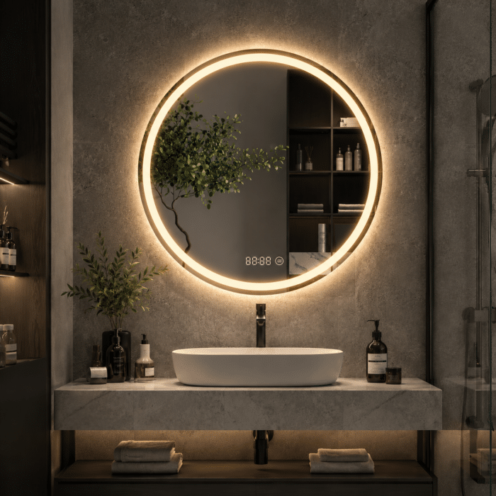 Oglinda LED 60x60 cm Rotunda, Senzor Miscare Premium pentru 3 Tipuri de Lumina, Dimabila, Ceas & Temperatura, Dezaburire - imagine 2