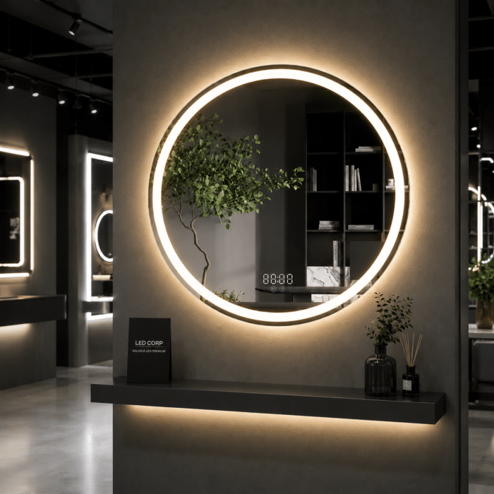 Oglinda LED 60x60 cm Rotunda, Senzor Miscare Premium pentru 3 Tipuri de Lumina, Dimabila, Ceas & Temperatura, Dezaburire - imagine 4