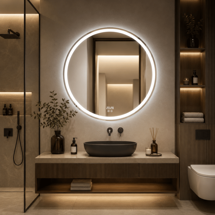 Oglinda LED 60x60 cm Rotunda, Senzor Miscare Premium pentru 3 Tipuri de Lumina, Dimabila, Ceas & Temperatura, Dezaburire - imagine 5