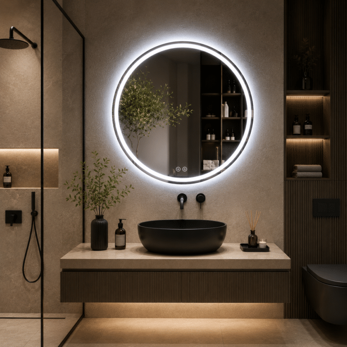 Oglinda LED 60x60 cm Rotunda, Senzor Miscare Premium pentru 3 Tipuri de Lumina, Dimabila, Ceas & Temperatura, Dezaburire - imagine 7