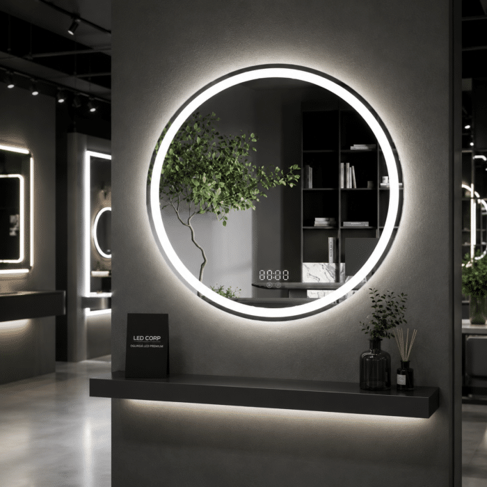 Oglinda LED 60x60 cm Rotunda, Senzor Miscare Premium pentru 3 Tipuri de Lumina, Dimabila, Ceas & Temperatura, Dezaburire - imagine 3