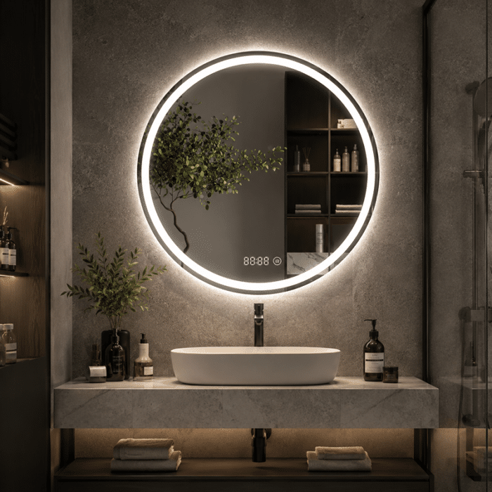 Oglinda LED 60x60 cm Rotunda, Senzor Miscare Premium pentru 3 Tipuri de Lumina, Dimabila, Ceas & Temperatura, Dezaburire - imagine 6