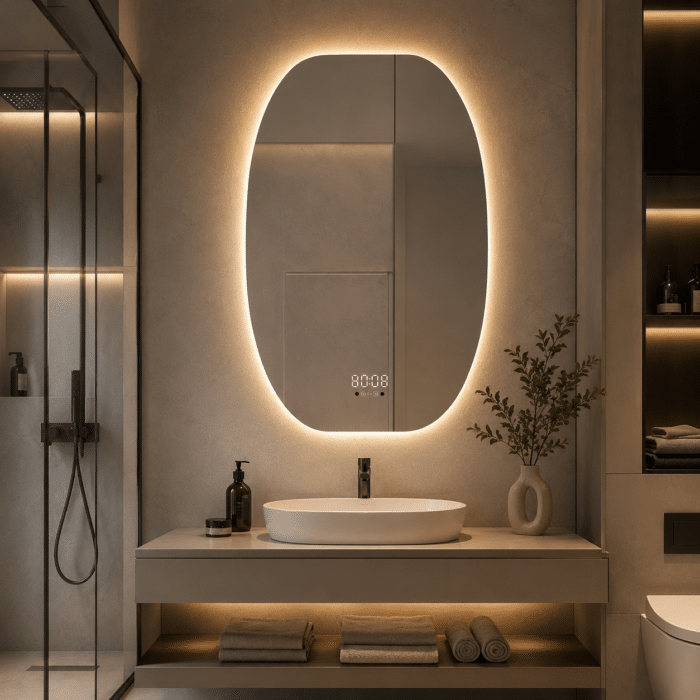 Oglinda LED 60x80 cm Ovala, Senzor Miscare Premium - 3 Tipuri de Lumina, Dimabila, Ceas si Temperatura, Dezaburire - imagine 2