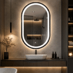 Oglinda LED 60x80 cm cu Rama Neagra Ovala, Senzor Miscare Premium - 3 Tipuri de Lumina, Dimabila, Ceas & Temperatura, Dezaburire