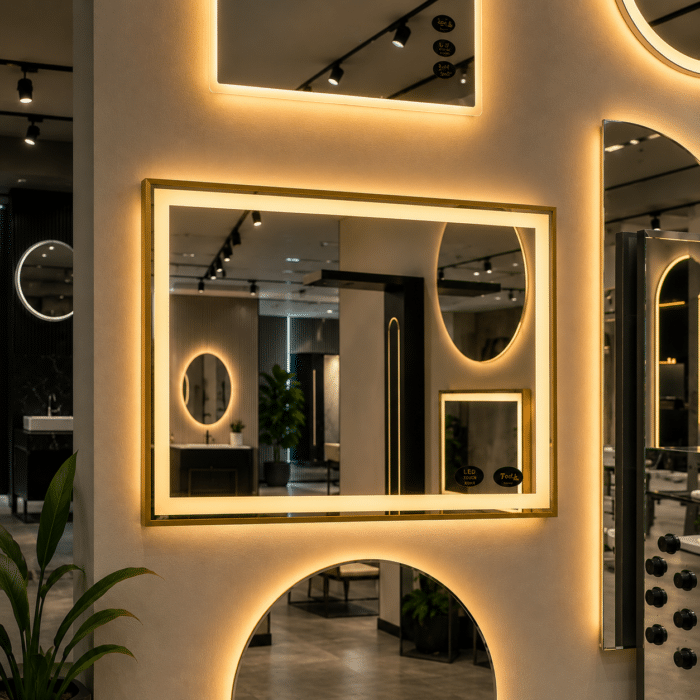 Oglinda LED 80x60 cm Dreptunghiulara cu Rama Aurie, Senzor Miscare Premium - 3 Tipuri de Lumina, Dimabila, Ceas & Temperatura, Dezaburire - imagine 7