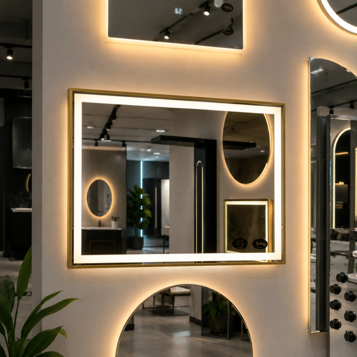 Oglinda LED 80x60 cm Dreptunghiulara cu Rama Aurie, Senzor Miscare Premium - 3 Tipuri de Lumina, Dimabila, Ceas & Temperatura, Dezaburire - imagine 6