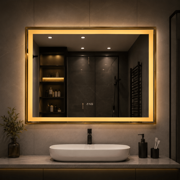 Oglinda LED 80x60 cm Dreptunghiulara cu Rama Aurie, Senzor Miscare Premium - 3 Tipuri de Lumina, Dimabila, Ceas & Temperatura, Dezaburire - imagine 2