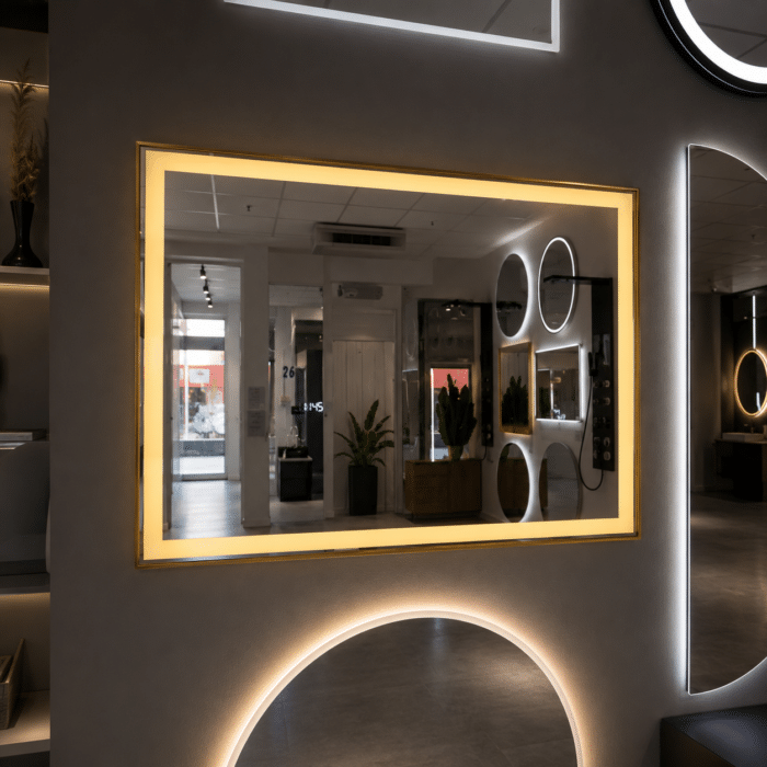 Oglinda LED 80x60 cm Dreptunghiulara cu Rama Aurie, Senzor Miscare Premium - 3 Tipuri de Lumina, Dimabila, Ceas & Temperatura, Dezaburire - imagine 3