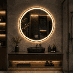 Oglinda LED 80x80 cm Rotunda, Senzor Miscare Premium pentru 3 Tipuri de Lumina, Dimabila, Ceas & Temperatura, Dezaburire - imagine 2