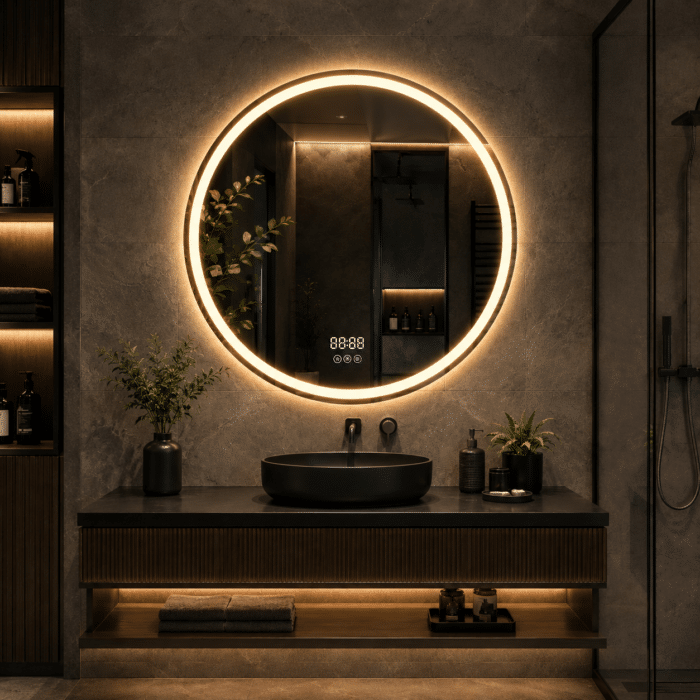 Oglinda LED 80x80 cm Rotunda, Senzor Miscare Premium pentru 3 Tipuri de Lumina, Dimabila, Ceas & Temperatura, Dezaburire - imagine 2