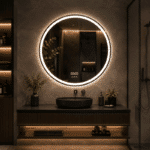 Oglinda LED 80x80 cm Rotunda, Senzor Miscare Premium pentru 3 Tipuri de Lumina, Dimabila, Ceas & Temperatura, Dezaburire