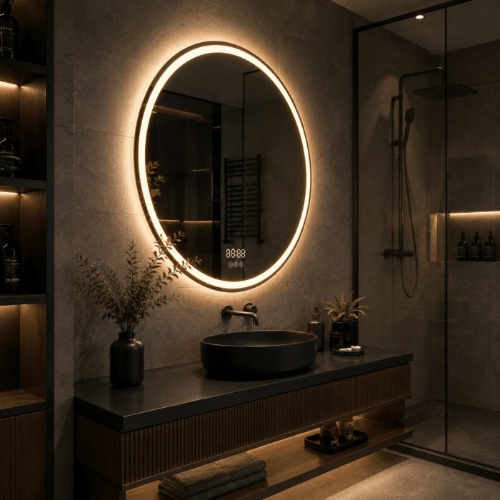 Oglinda LED 80x80 cm Rotunda, Senzor Miscare Premium pentru 3 Tipuri de Lumina, Dimabila, Ceas & Temperatura, Dezaburire - imagine 3