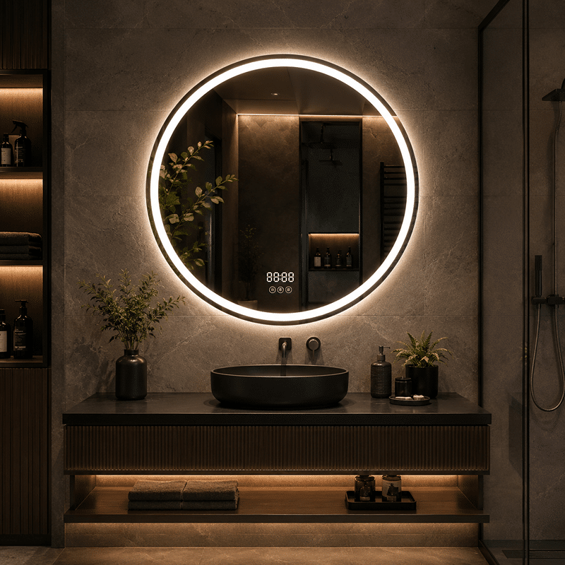 Oglinda LED 80x80 cm Rotunda, Senzor Miscare Premium pentru 3 Tipuri de Lumina, Dimabila, Ceas & Temperatura, Dezaburire Oglinda LED 80x80 cm Rotunda, Senzor Miscare Premium pentru 3 Tipuri de Lumina, Dimabila, Ceas & Temperatura, Dezaburire - imagine 1