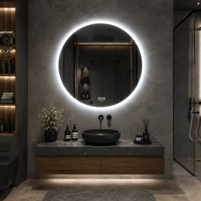 Oglinda LED 80x80 cm, Senzor Miscare Premium - 3 Tipuri de Lumina, Dimabila, Ceas & Temperatura, Dezaburire - imagine 2