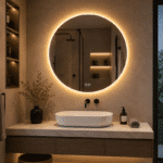 Oglinda LED 80x80 cm, Senzor Miscare Premium - 3 Tipuri de Lumina, Dimabila, Ceas & Temperatura, Dezaburire
