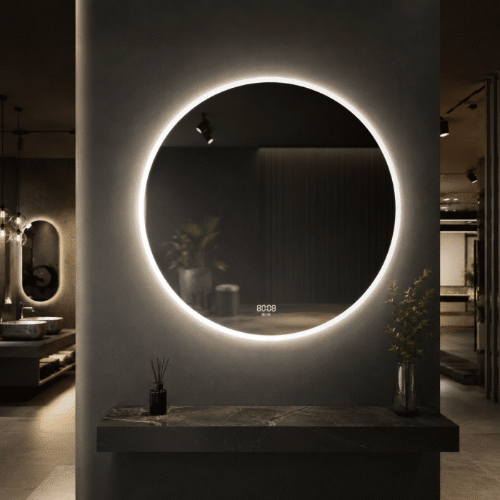 Oglinda LED 80x80 cm, Senzor Miscare Premium - 3 Tipuri de Lumina, Dimabila, Ceas & Temperatura, Dezaburire - imagine 4