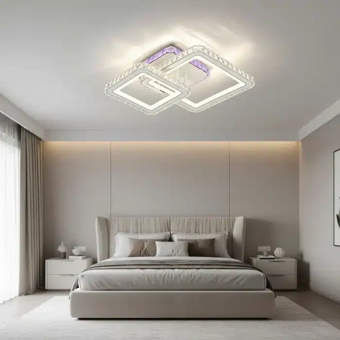 Lustră LED RGB, LED Colorat, cu Telecomandă, 72W, Lumină Reglabilă 3000K–6500K + RGB, Design Pătrat cu Cristale, Alb - imagine 3