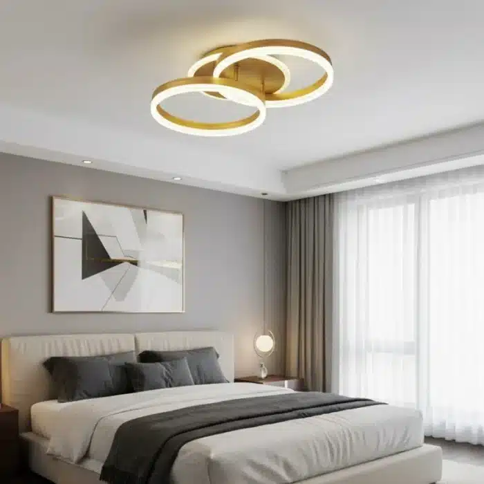 Lustră LED cu 2 Cercuri, 90W, Telecomandă 2.4G, Lumină Reglabilă 3000K–6500K, Ø70 cm, Auriu Periat - imagine 2