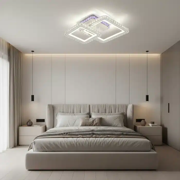 Lustră LED RGB, LED Colorat, cu Telecomandă, 72W, Lumină Reglabilă 3000K–6500K + RGB, Design Pătrat cu Cristale, Alb - imagine 5