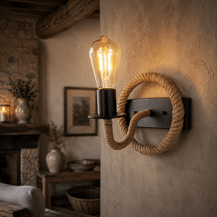 Aplică de Perete Rustic cu Frânghie Decorativă, Soclu E27 - imagine 2