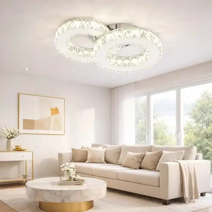 Lustra LED 2 Cercuri Cristal Cu Telecomanda, 3 Tipuri De Lumina, Intensitate Reglabila, 52W, Argintiu - imagine 2