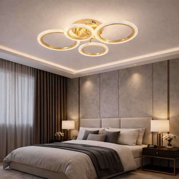 Lustra LED 4 Cercuri Aurii, Cu Telecomanda, 3 Tipuri De Lumina, Intensitate Reglabila, 72W, Auriu