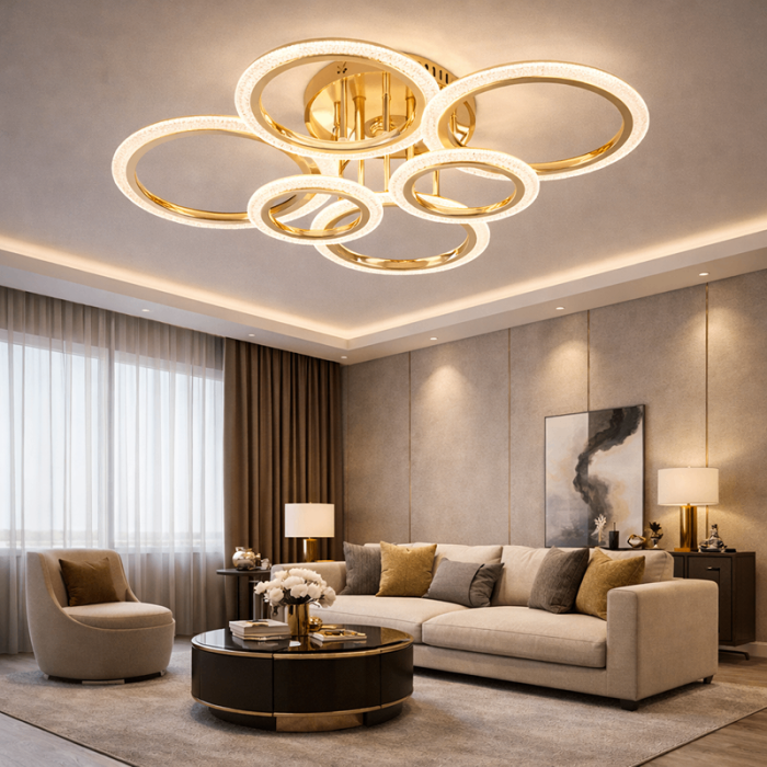 Lustra LED 6 Cercuri Aurii, Cu Telecomanda, 3 Tipuri De Lumina, Intensitate Reglabila, 108W, Auriu