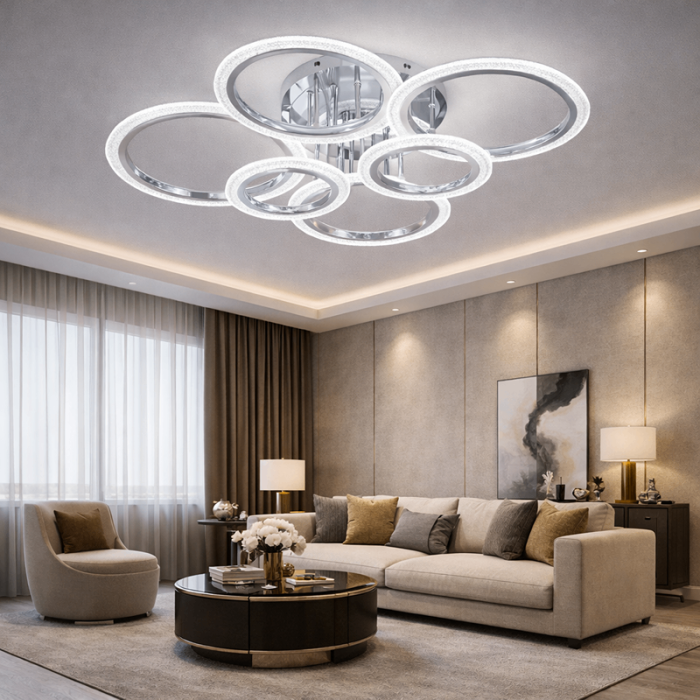 Lustra LED 6 Cercuri Crom, Cu Telecomanda, 3 Tipuri De Lumina, Intensitate Reglabila, 132W, Argintiu