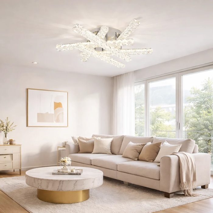 Lustra LED 6 Linii Cristal Cu Telecomanda, 3 Tipuri De Lumina, Intensitate Reglabila, 108W, Argintiu