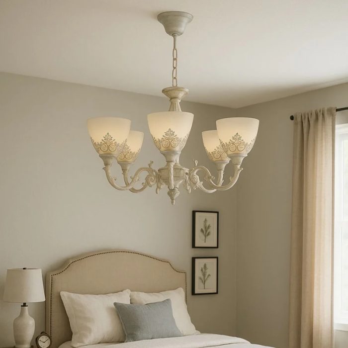 Lustra VINTAGE, tip Pendul cu brate, Circulara, 5xE27, Sticla si Metal, Alb