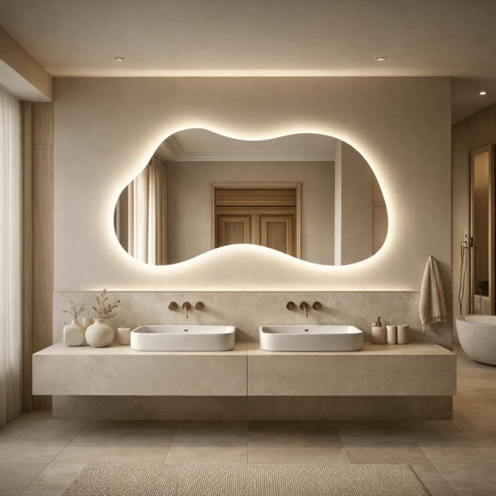 Oglindă LED Asimetrica Premium 140×80 cm, Touch, 3 Tipuri Lumină - Calda, Rece, Naturala - imagine 2
