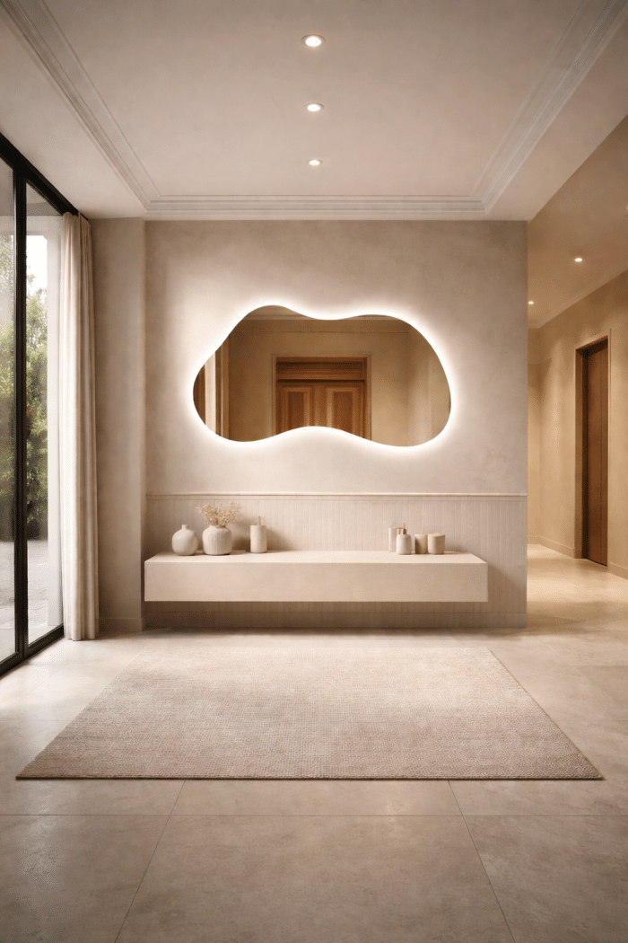 Oglindă LED Asimetrica Premium 140×80 cm, Touch, 3 Tipuri Lumină - Calda, Rece, Naturala - imagine 4