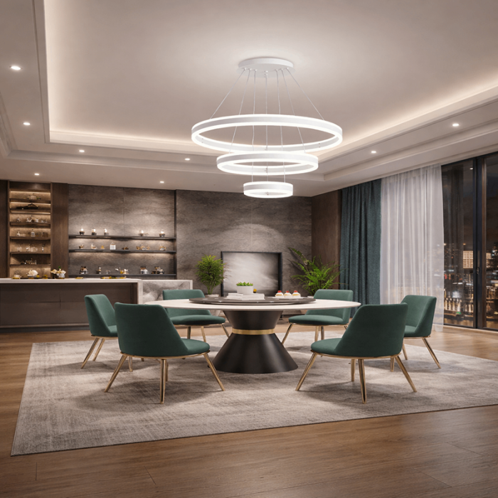 Lustră LED Suspendată 3 Cercuri Albe, 208W, Lumina calda, rece, neutra, Dimabilă