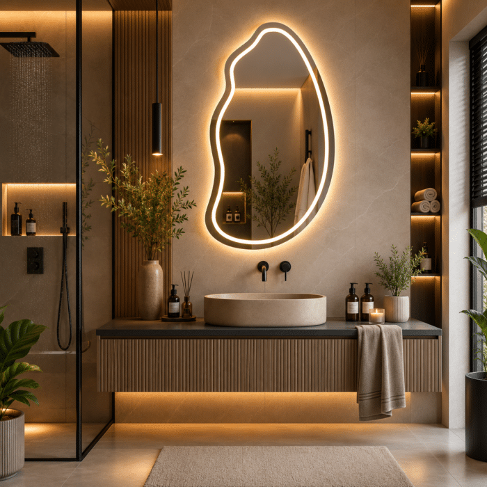 Oglindă LED Asimetrica Premium 60×100 cm, Touch, 3 Tipuri Lumină - Calda, Rece, Naturala - imagine 3