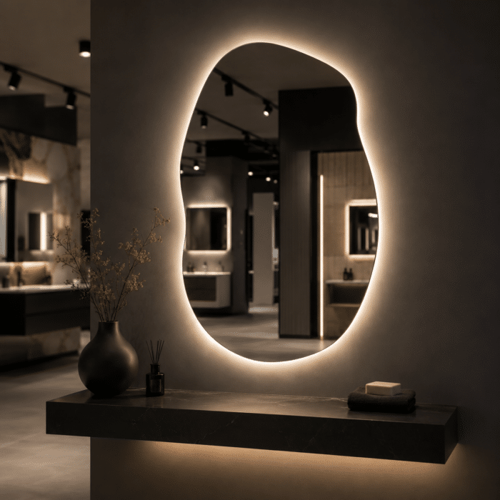 Oglindă LED Asimetrica Premium 60×90 cm, Touch, 3 Tipuri Lumină - Calda, Rece, Naturala - imagine 3