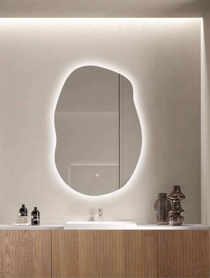 Oglindă LED Asimetrica Premium 60×90 cm, Touch, 3 Tipuri Lumină - Calda, Rece, Naturala - imagine 5