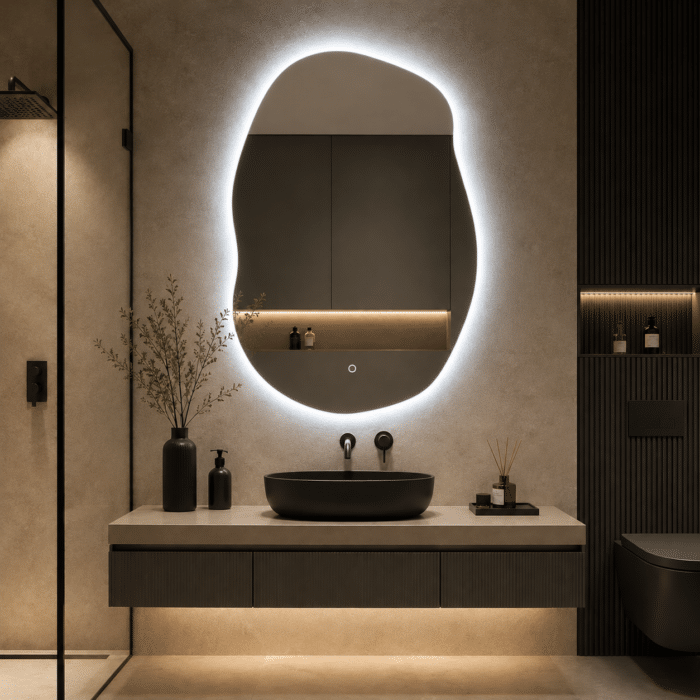 Oglindă LED Asimetrica Premium 60×90 cm, Touch, 3 Tipuri Lumină - Calda, Rece, Naturala - imagine 2