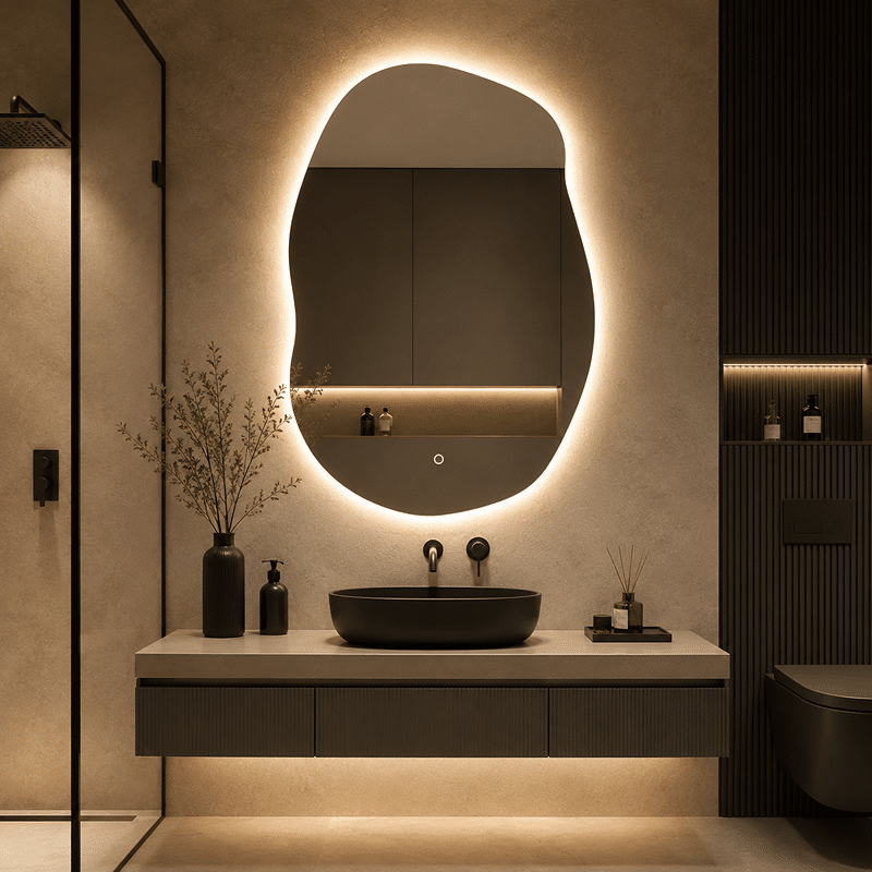 Oglindă LED Asimetrica Premium 60×90 cm, Touch, 3 Tipuri Lumină - Calda, Rece, Naturala Oglindă LED Asimetrica Premium 60×90 cm, Touch, 3 Tipuri Lumină - Calda, Rece, Naturala - imagine 1