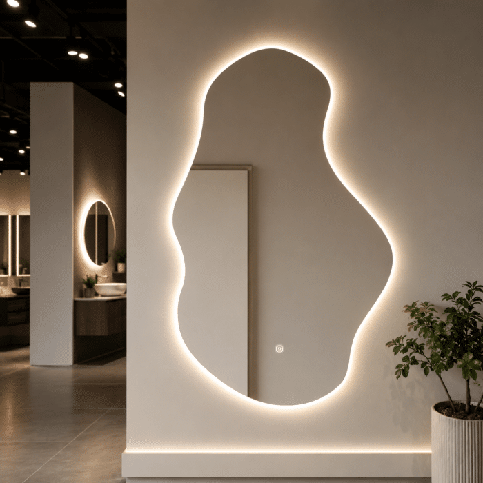 Oglindă LED Asimetrica Premium 65×100 cm, Touch, 3 Tipuri Lumină - Calda, Rece, Naturala - imagine 5