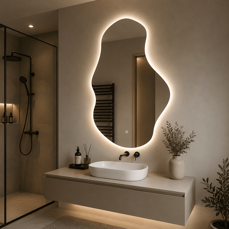 Oglindă LED Asimetrica Premium 65×100 cm, Touch, 3 Tipuri Lumină - Calda, Rece, Naturala (3) Oglindă LED Asimetrica Premium 65×100 cm, Touch, 3 Tipuri Lumină - Calda, Rece, Naturala - imagine 1